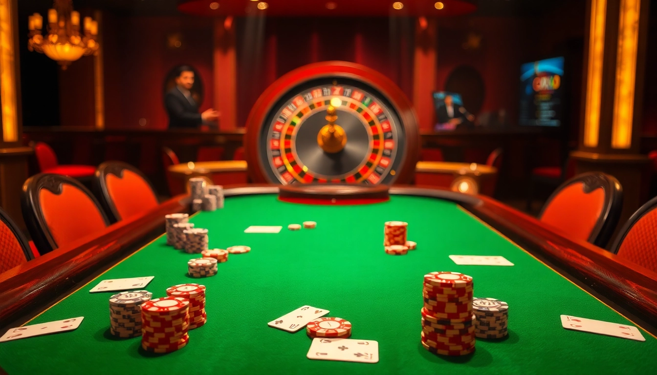 Experience the excitement of God345 casino with a vibrant poker scene full of chips and cards.