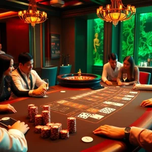 Experience the thrill of VN88 at an upscale blackjack table with excited players.