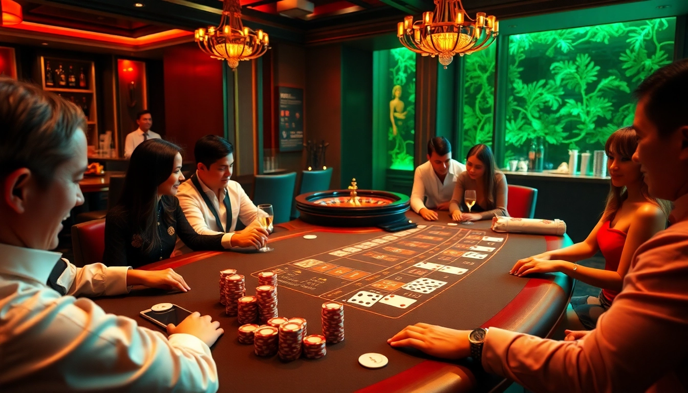 Experience the thrill of VN88 at an upscale blackjack table with excited players.