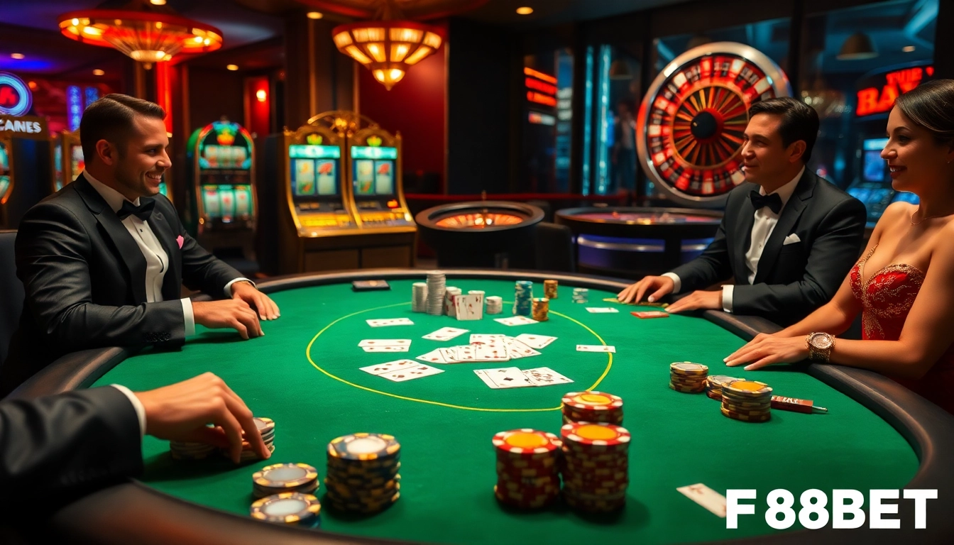 Experience the excitement of F88BET at a high-stakes poker table surrounded by glamour and luxury.