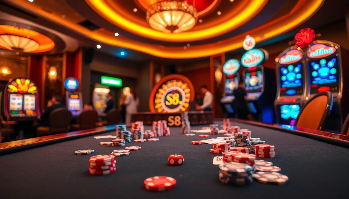 S8 casino scene showcasing poker chips and players at a gaming table in an upscale environment.