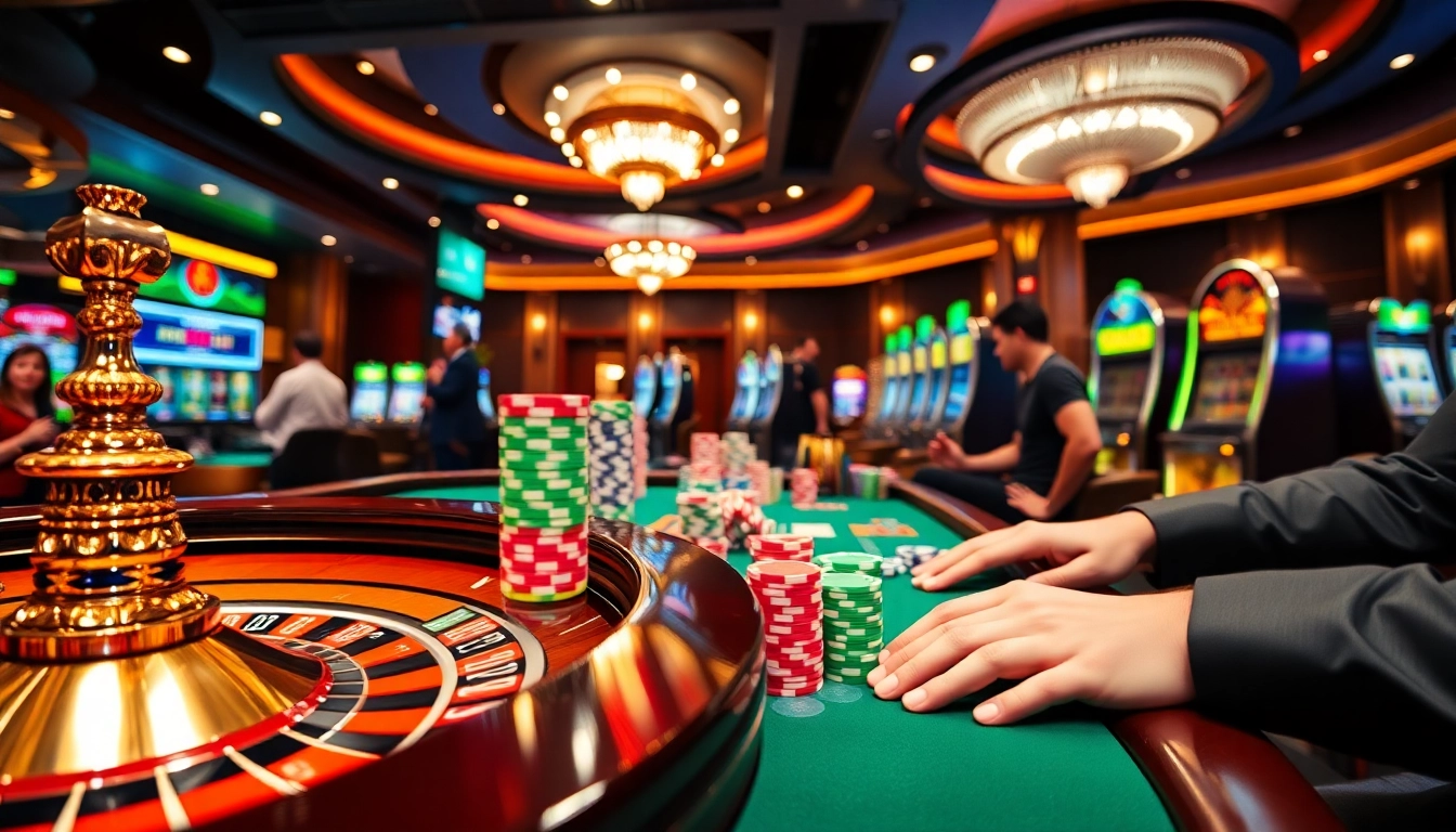 Immersive casino scene showcasing Okwin's engaging online gameplay with roulette wheels and poker chips.