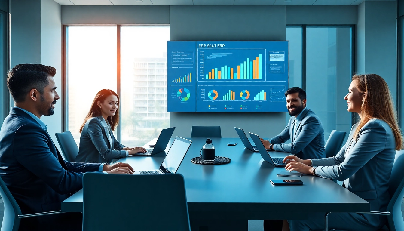 ERP çözümleri discussion among diverse business professionals in a modern office setting