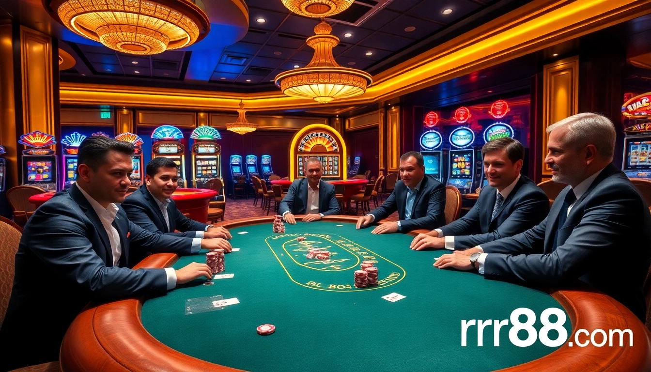 Play poker at RR88com casino, showcasing energy and excitement in a vibrant setting.