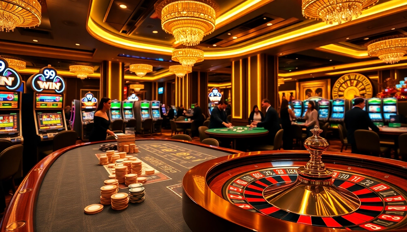 A thrilling 99 WIN casino scene with players engaging at a vibrant gambling table and slot machines.