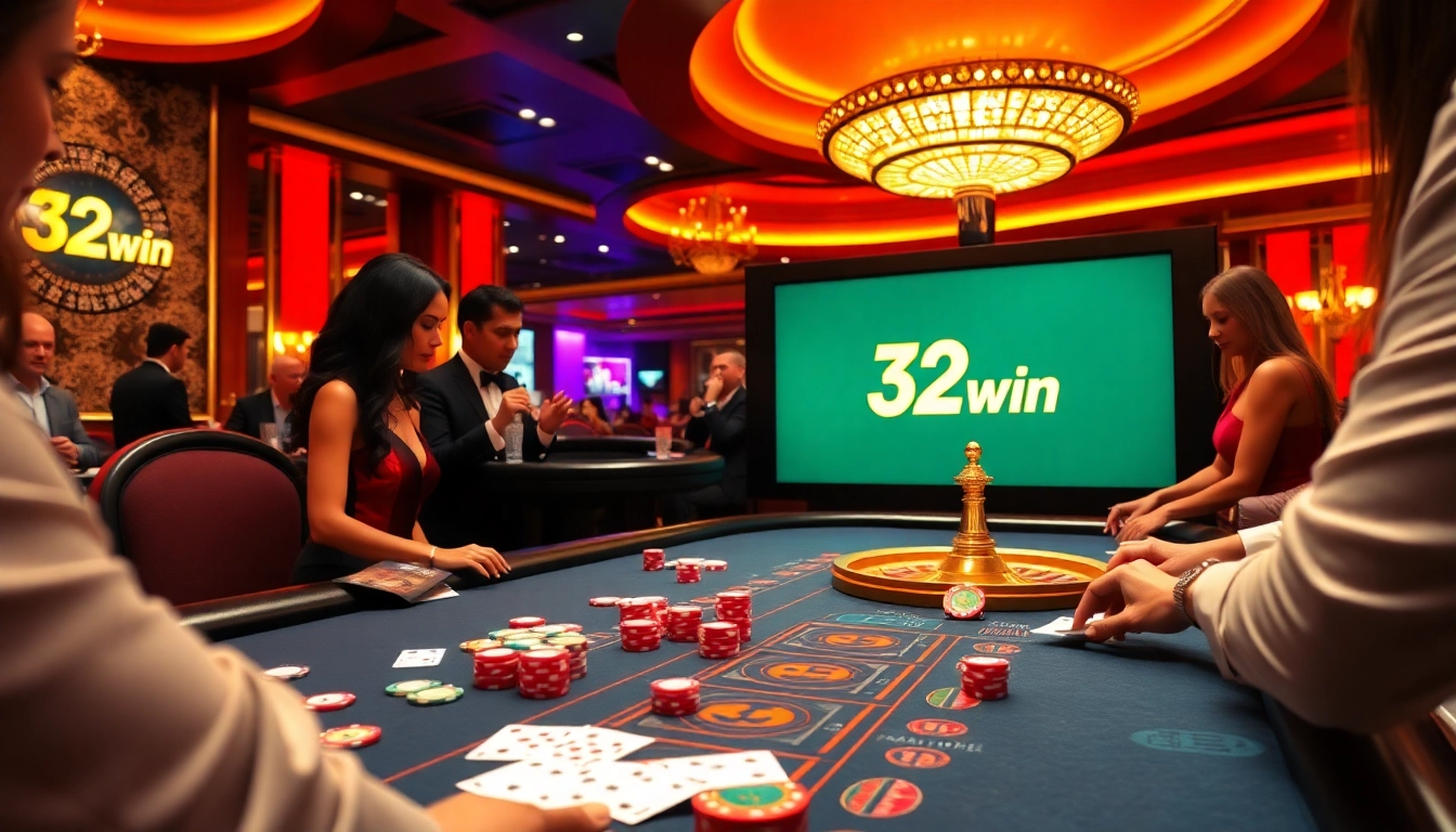 Winning strategies at 32win: A dynamic scene of casino excitement with a blackjack table.