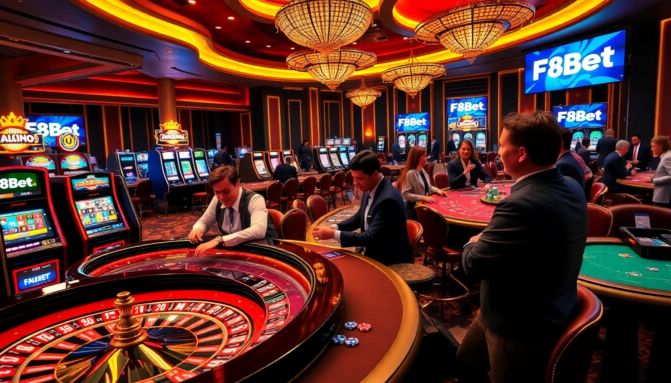 F8Bet casino scene with gaming tables, vibrant slots, and enthusiastic players celebrating wins.