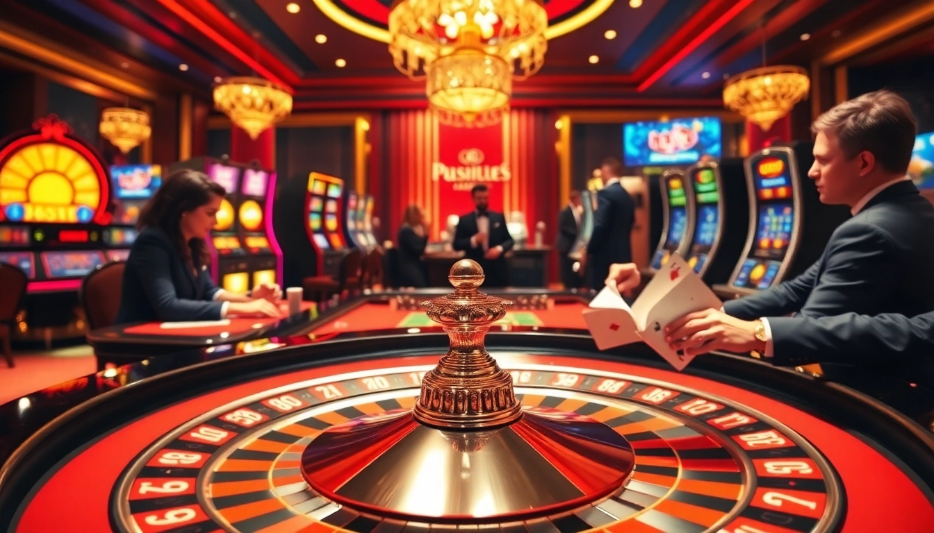 Engaging casino atmosphere at https://s88.works/ with roulette table, poker chips, and excited players.