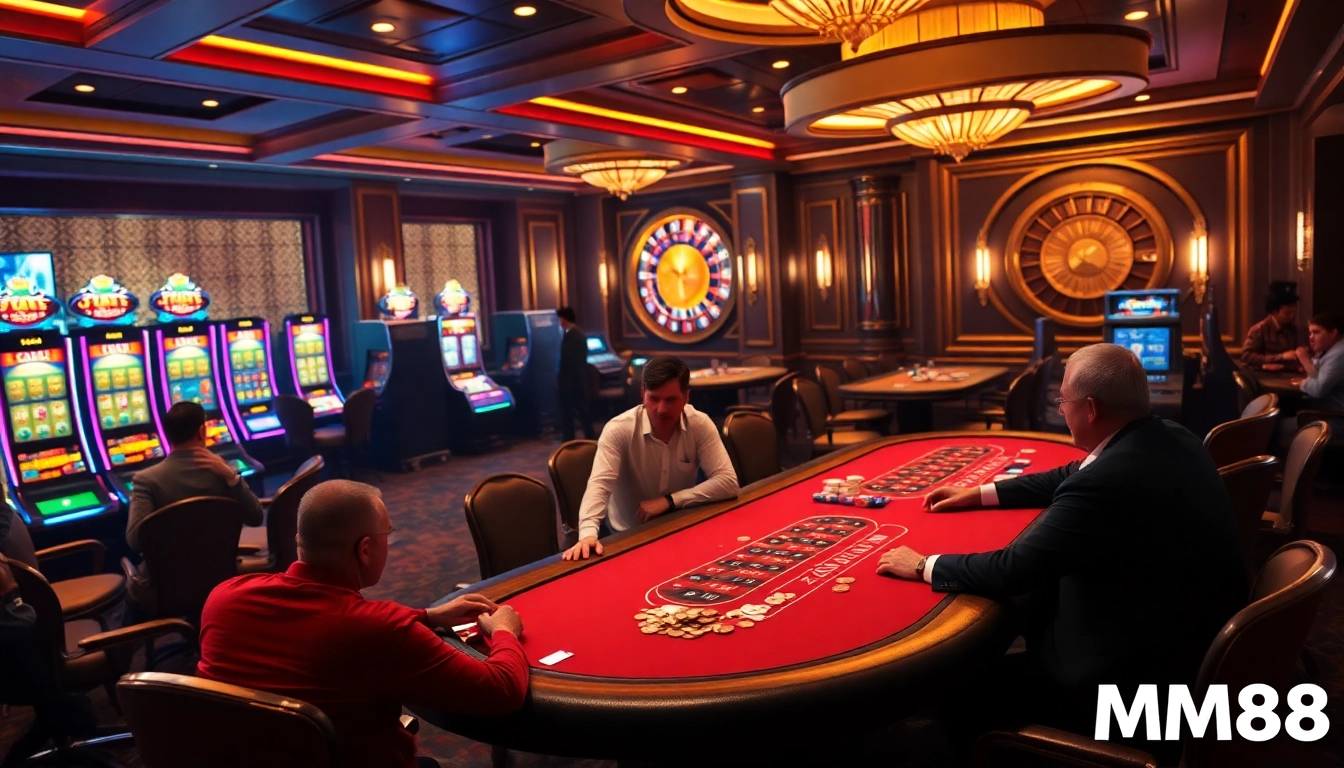 MM88 table games featuring exciting poker action and vibrant slot machines in a luxurious casino setting.