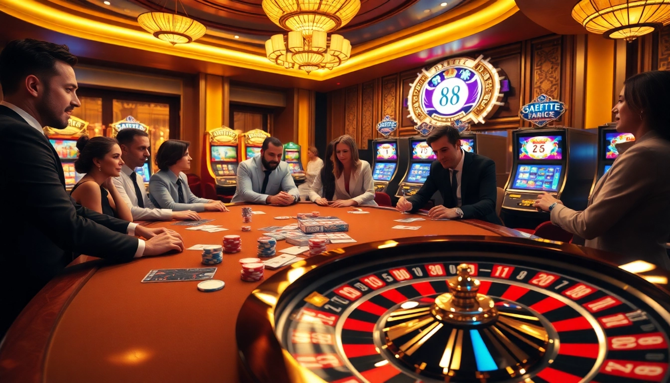 Players engage in thrilling poker action at a ta 88 casino table, surrounded by vibrant slot machines.