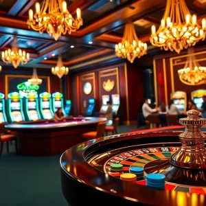 Experience thrilling gameplay at https://rr88.lat/ with an exciting casino scene featuring roulette and poker tables.