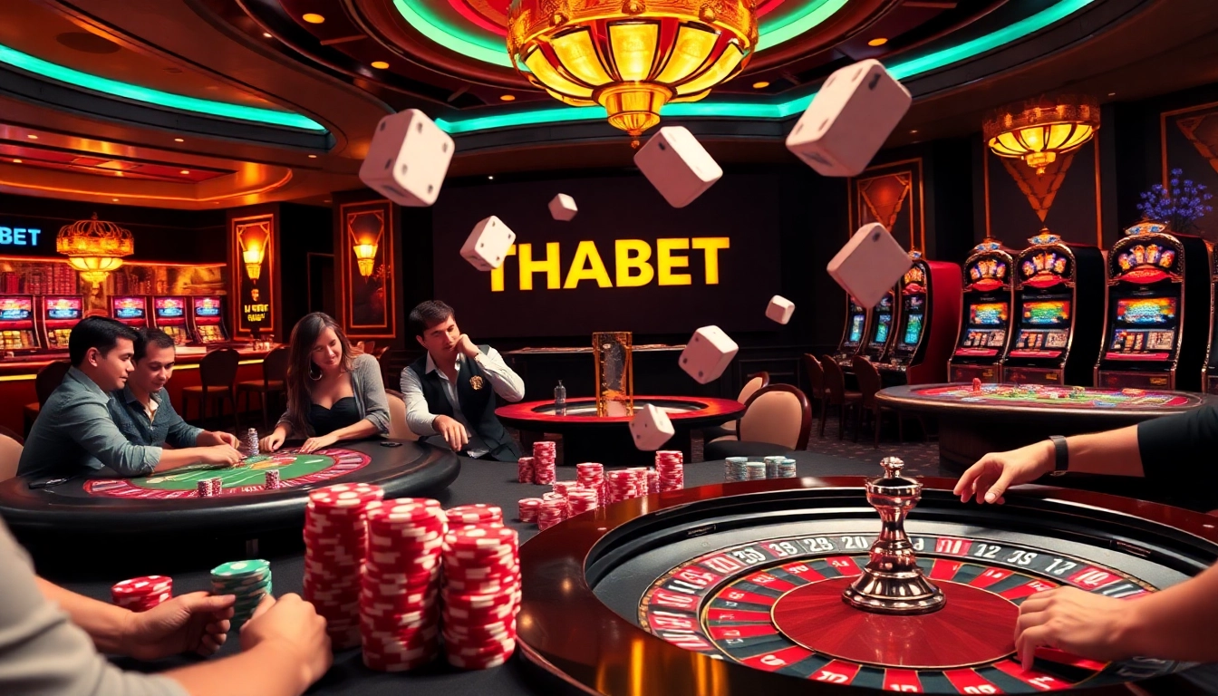 THABET casino scene featuring lively players at poker and roulette tables, capturing the excitement of gambling.