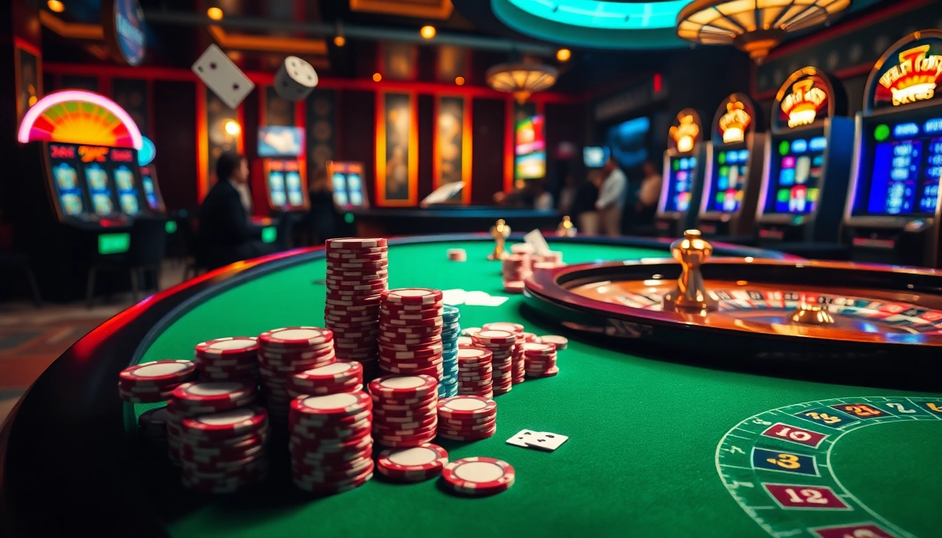 Experience excitement at https://vsbet3.net/ with a vibrant casino scene showcasing poker chips and cards in action.