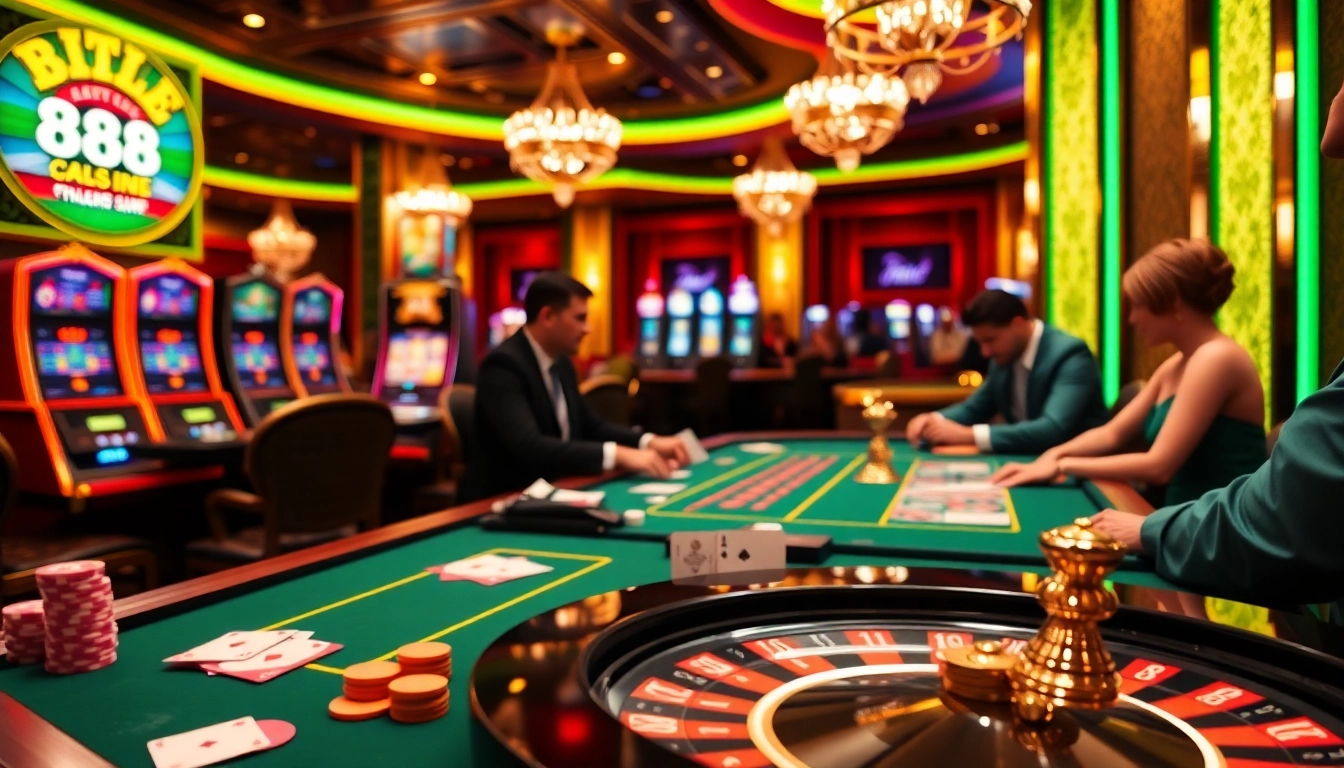 Players enjoying a vibrant Hi 88 themed casino game with poker chips and cards.