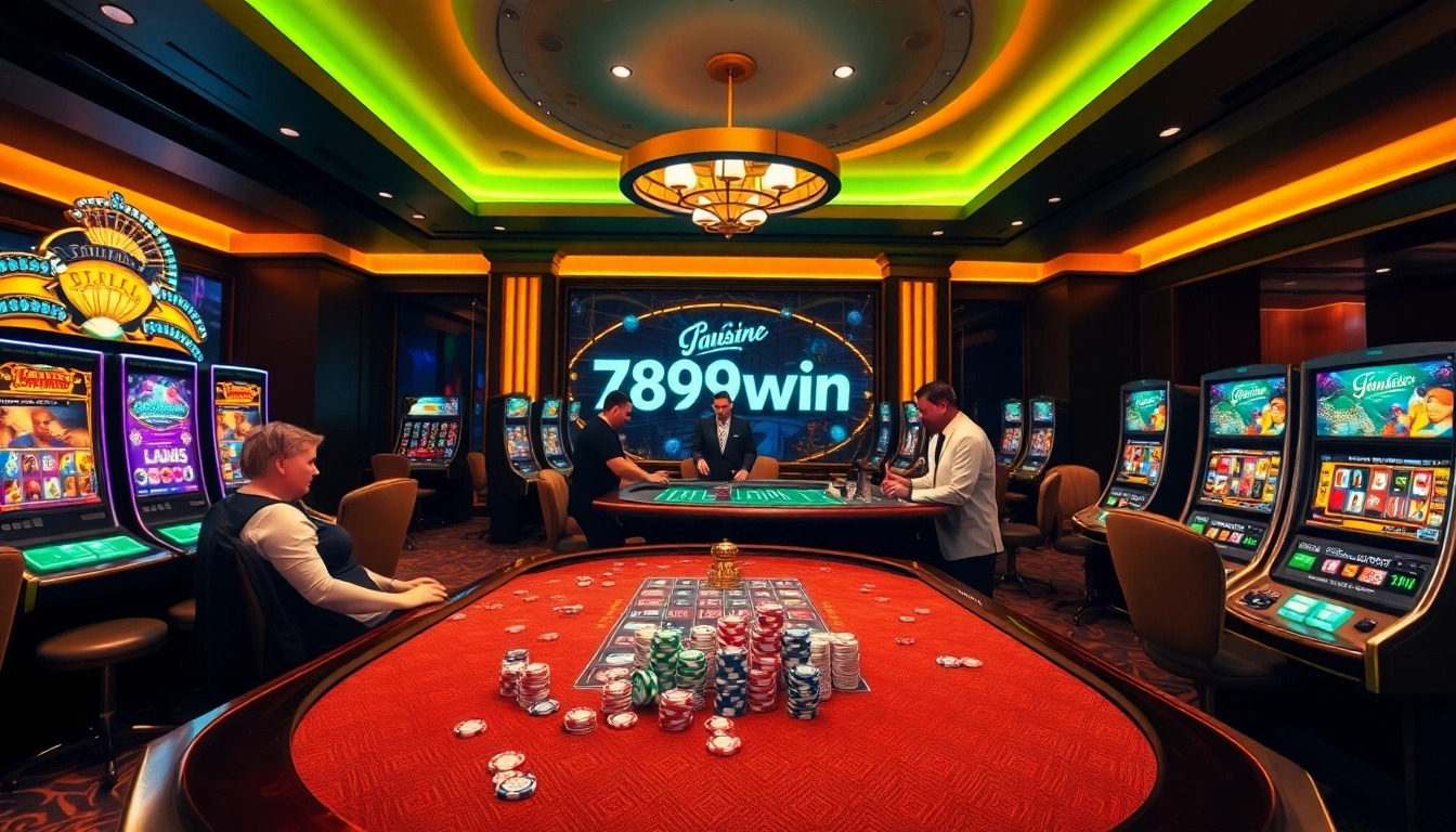 The app 789win enhances player experience with vibrant slot machines and interactive tables in a luxury casino setting.