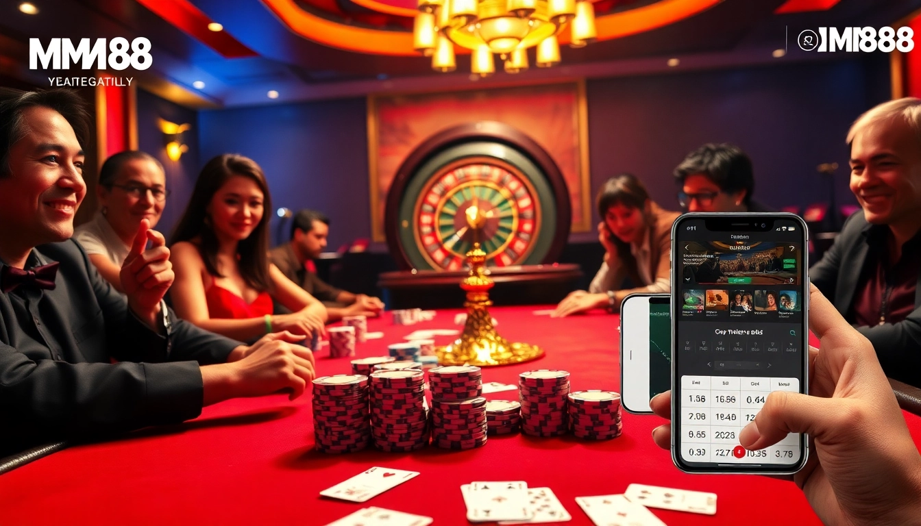 Engage with MM88's vibrant casino atmosphere featuring poker tables, colorful chips, and a roulette wheel.