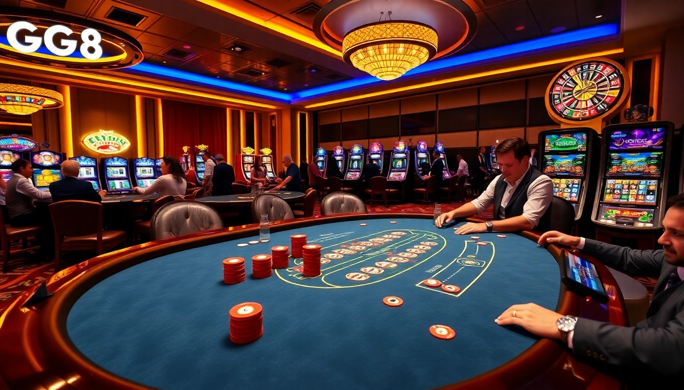 Exciting gaming action at GG88 COM featuring poker tables and lively casino atmosphere.