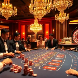 Experience thrilling gameplay at okking casino with luxury tables and excited players.