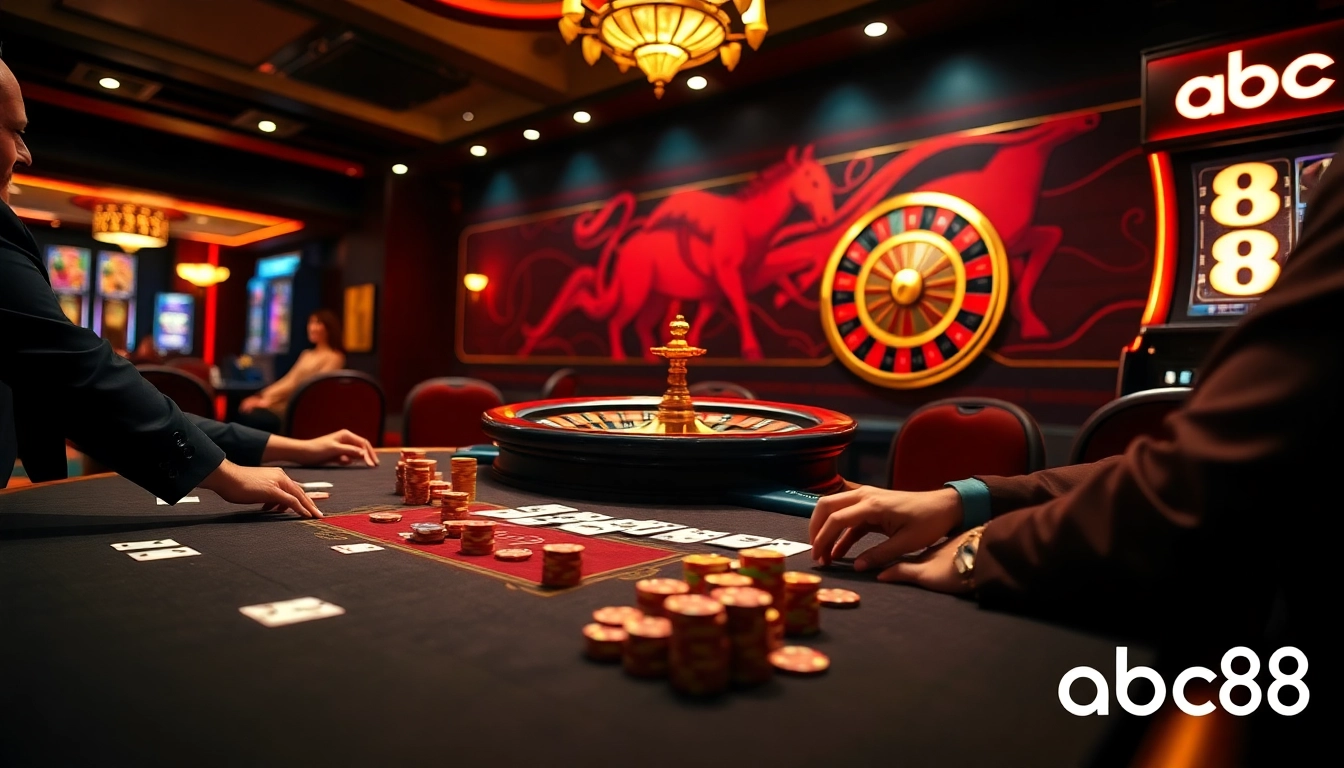 Gamblers playing poker at a luxurious table, showcasing the exciting atmosphere of abc8 casino.