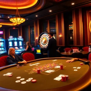 Experience thabet excitement with a luxurious poker table and vibrant casino atmosphere.