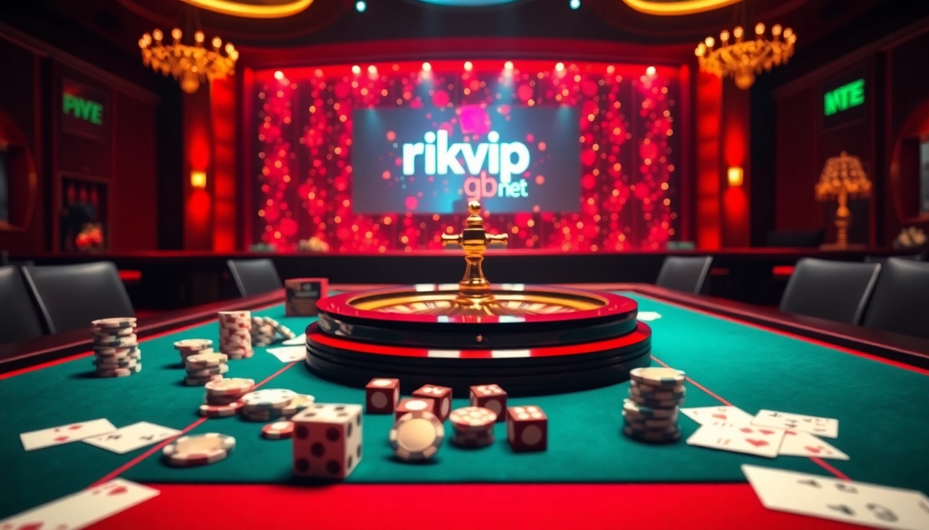 Experience the thrill of online gambling at rikvip.gb.net with vibrant casino visuals and gaming elements.