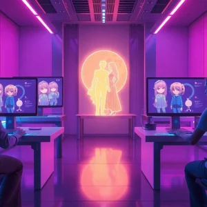 Experience NSFW character AI through vivid holographic interactions in a futuristic digital environment.