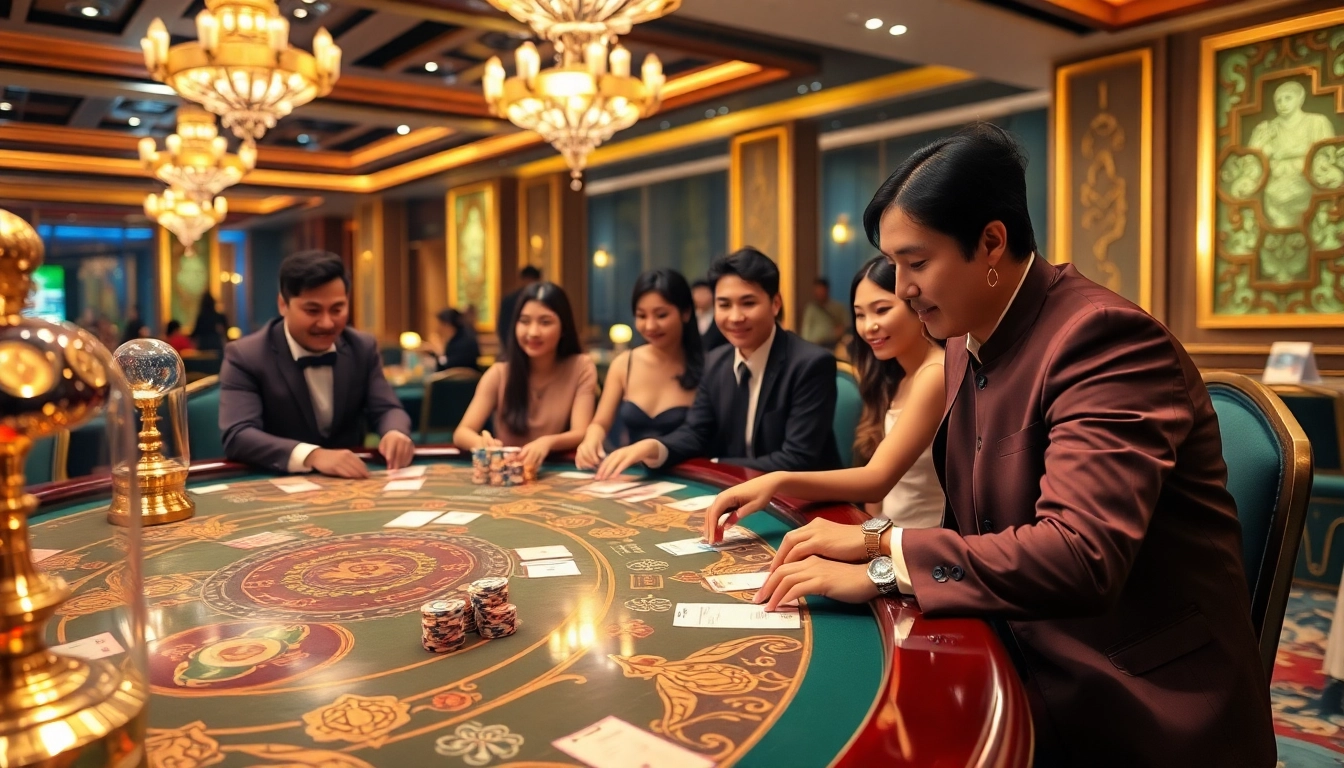 Xóc Đĩa gambling table scene with engaging players enjoying the game.