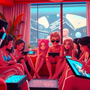 Engaging scene of animated characters playing an exciting XXX game on modern devices, showcasing vibrant interaction.