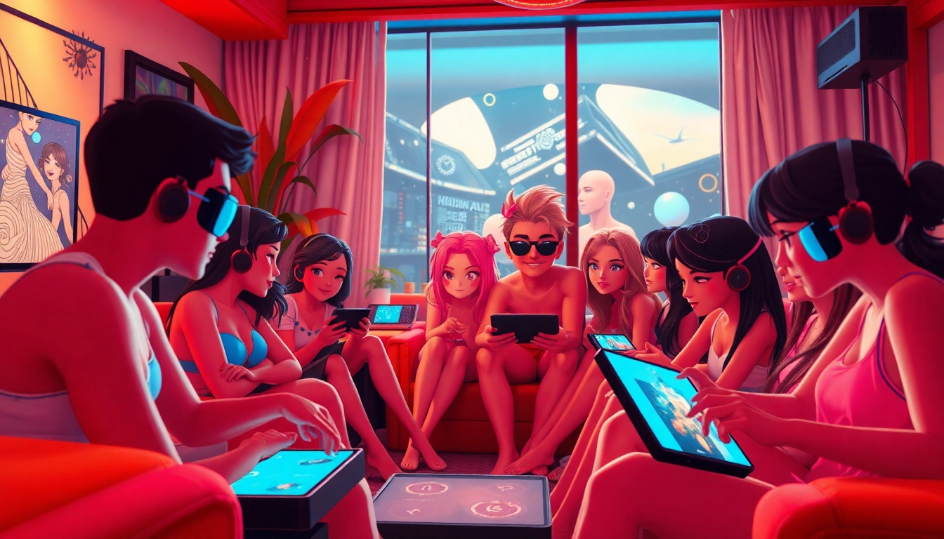 Engaging scene of animated characters playing an exciting XXX game on modern devices, showcasing vibrant interaction.
