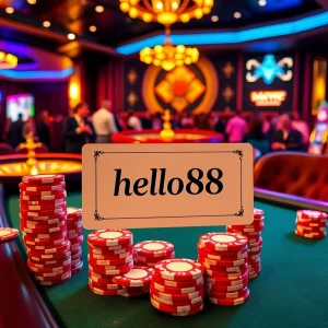 Hello88 betting slip on a luxurious casino table with cards and chips flowing.