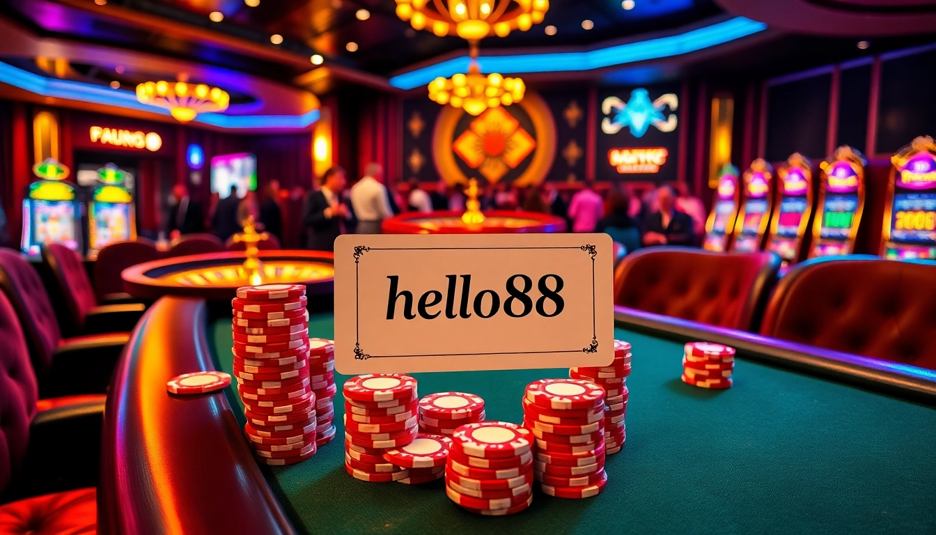 Hello88 betting slip on a luxurious casino table with cards and chips flowing.