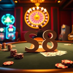 The poker game scene showcases the S8 logo amidst elegant chips and cards, inviting strategic engagement.