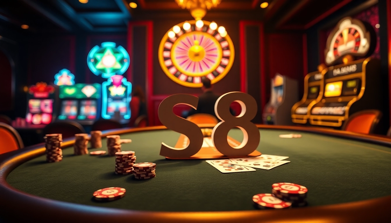 The poker game scene showcases the S8 logo amidst elegant chips and cards, inviting strategic engagement.