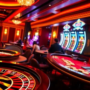 Navigating NK88's exciting online gambling interface with vibrant casino tables and spinning roulette wheels.