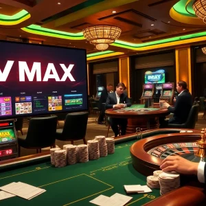 Engaged gamblers enjoy games at the VMAX online casino with vibrant atmosphere and dynamic betting.