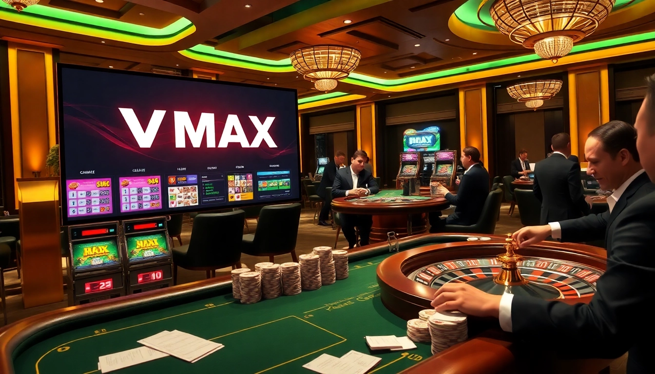 Engaged gamblers enjoy games at the VMAX online casino with vibrant atmosphere and dynamic betting.