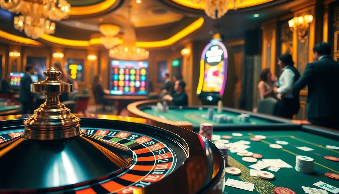 Experience the excitement of Luck8 as players engage at roulette and poker tables in a vibrant casino setting.