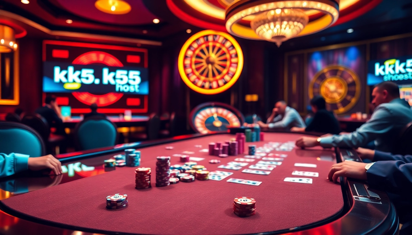 Engaged players at a vibrant poker table showcasing https://kk55.host/ in a luxurious casino setting.