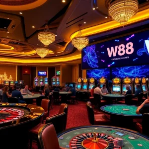 Players enjoying casino games alongside a vibrant W88 brand logo for an engaging experience.