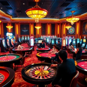 Tập đoàn KJC showcases a luxurious casino atmosphere with players engaged in thrilling gaming action.