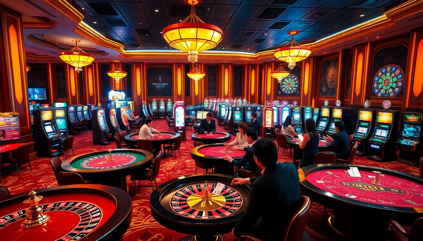 Tập đoàn KJC showcases a luxurious casino atmosphere with players engaged in thrilling gaming action.