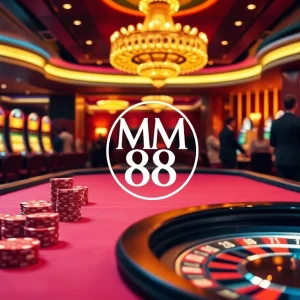 Experience the thrill of MM 88 at a luxurious casino table with vibrant poker chips and players.
