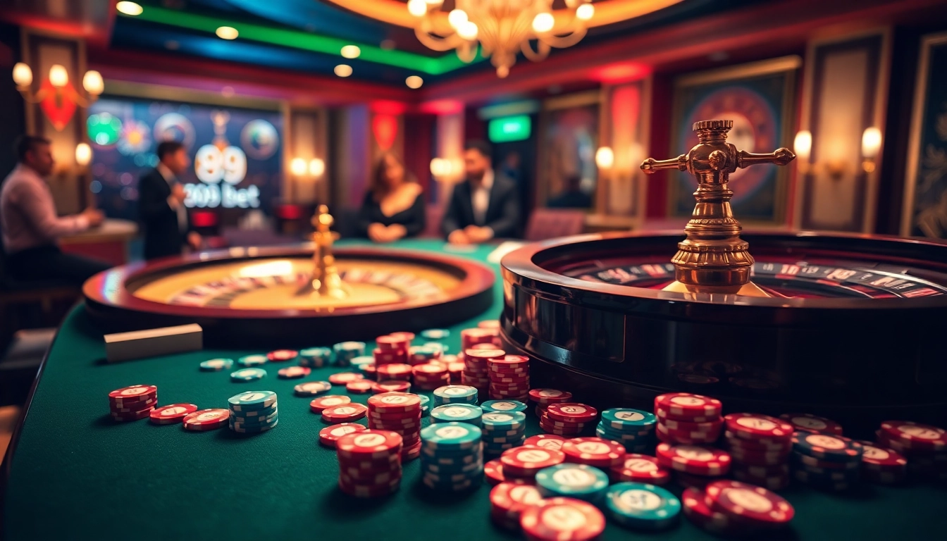 Experience the thrill of betting at the luxurious 89bet casino with poker chips and cards.