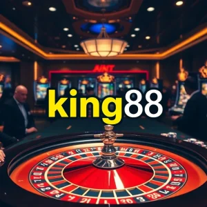 Experience the excitement of king88 at a vibrant casino featuring roulette, slots, and enthusiastic players.