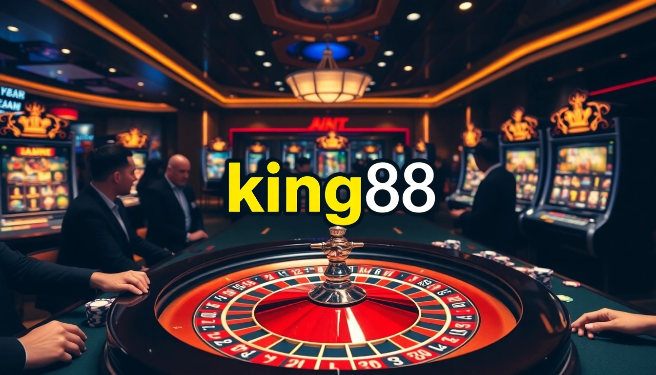 Experience the excitement of king88 at a vibrant casino featuring roulette, slots, and enthusiastic players.