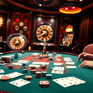 Experience thrilling game bài đổi thưởng at a luxurious casino table filled with cards, chips, and excitement.