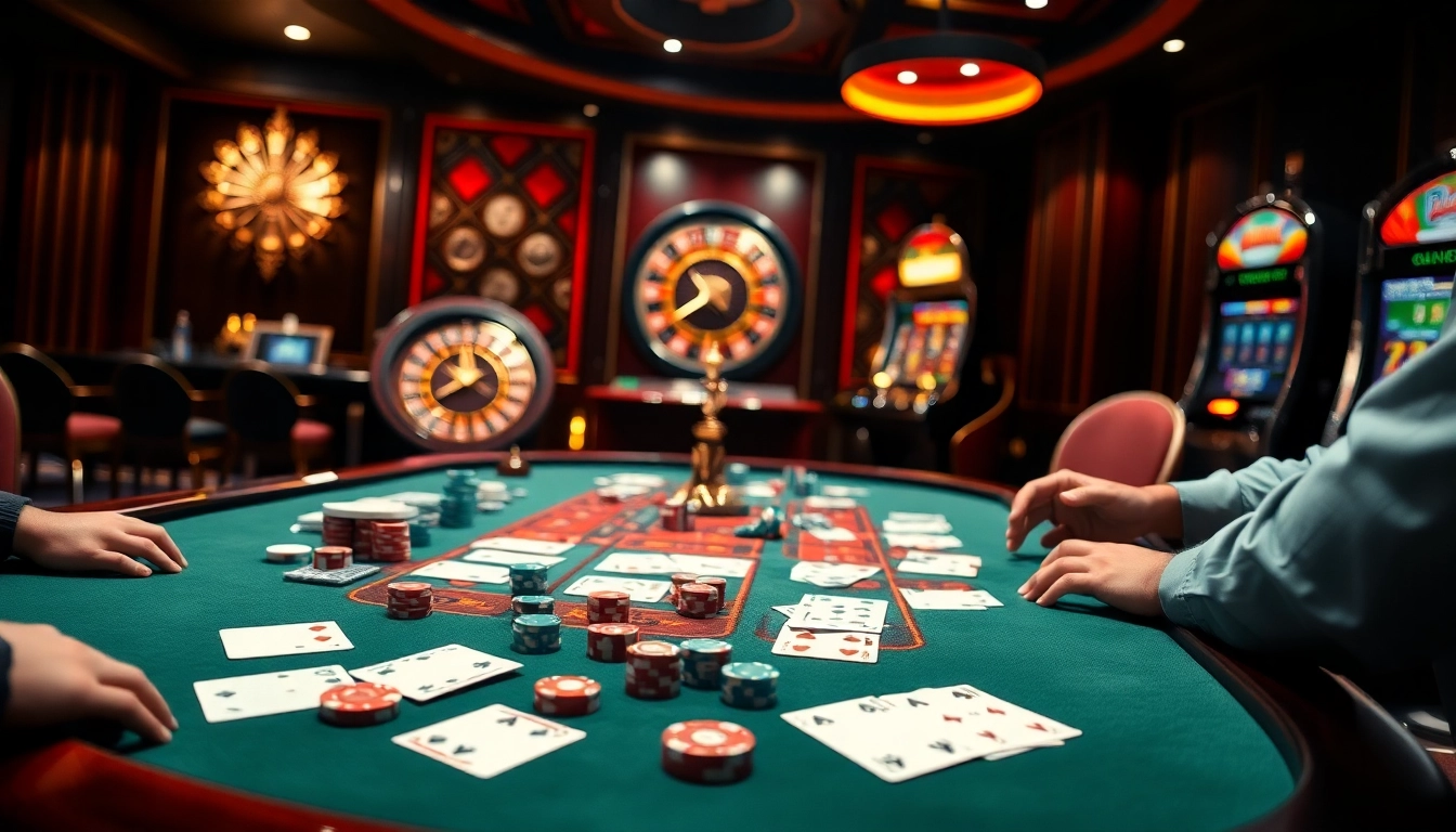 Experience thrilling game bài đổi thưởng at a luxurious casino table filled with cards, chips, and excitement.