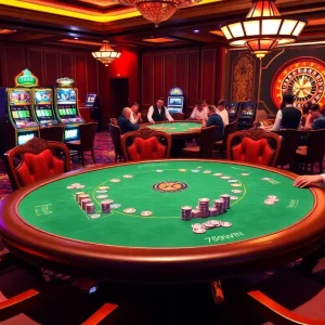 Exciting scene at 789win casino with poker players, slot machines, and roulette wheel.