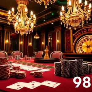 Engage in a high-stakes game at the elite poker table featured in the 98WIN casino scene, showcasing luxury and excitement.