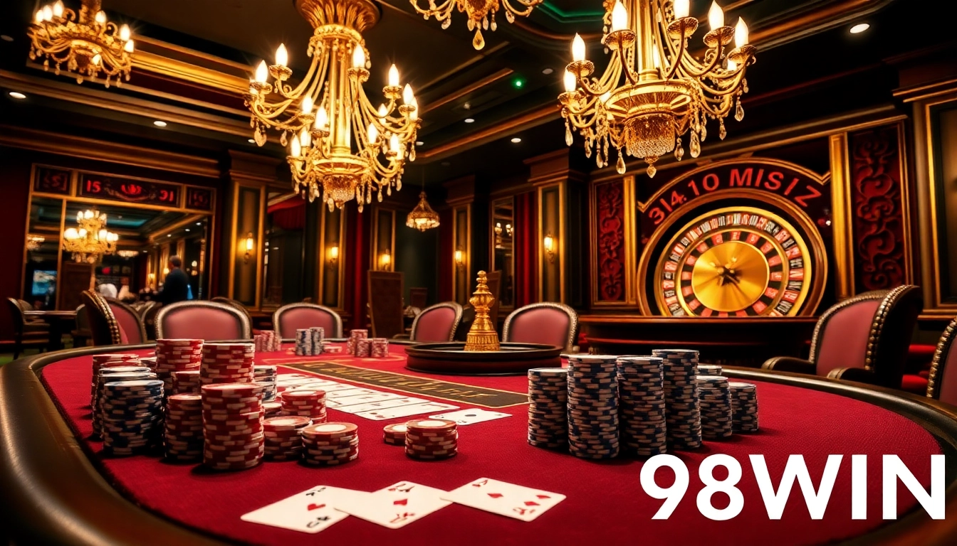 Engage in a high-stakes game at the elite poker table featured in the 98WIN casino scene, showcasing luxury and excitement.